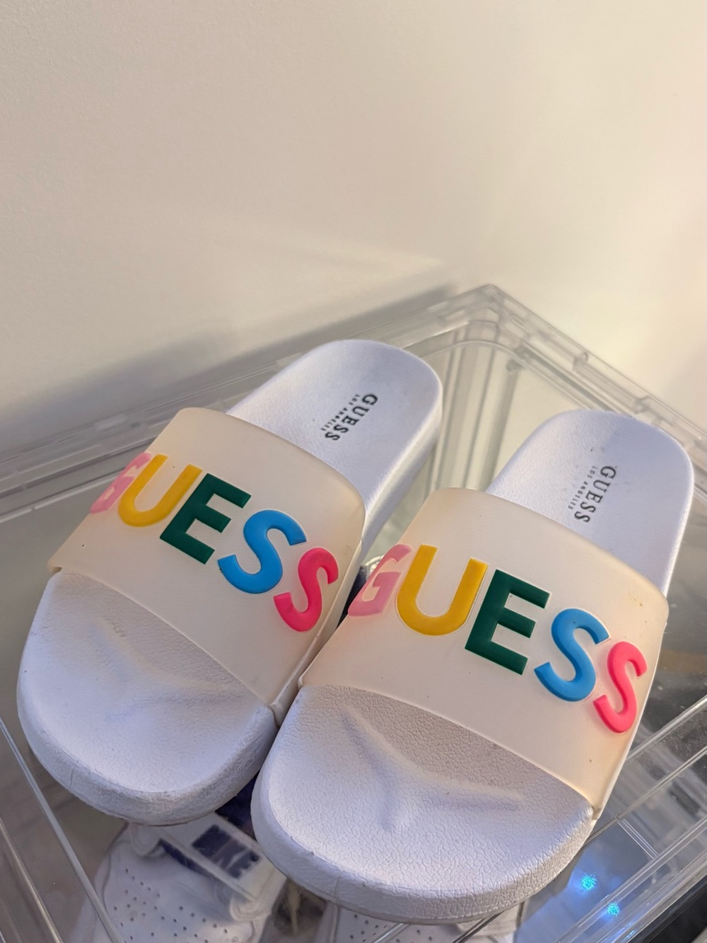 GUESS White women’s Slide Sandals with Multicolor Logo Letters